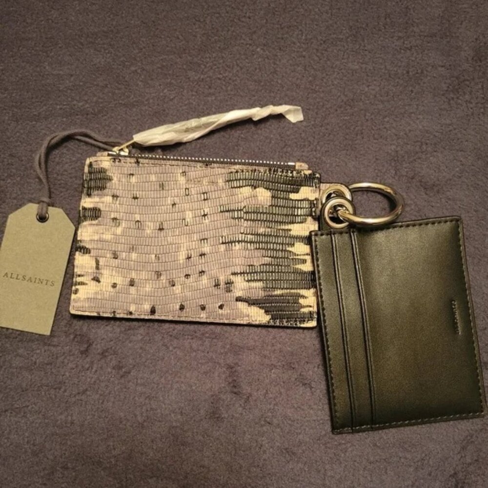 NWT All Saints Hocker Leather Key Fob ID Card holder Coin Purse Dual Pouch Grey